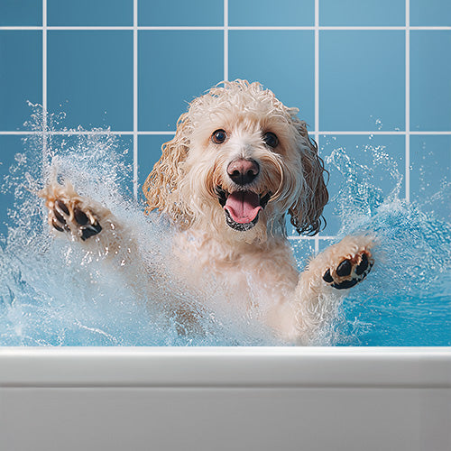weißer Hund, der im Wasser spielt
